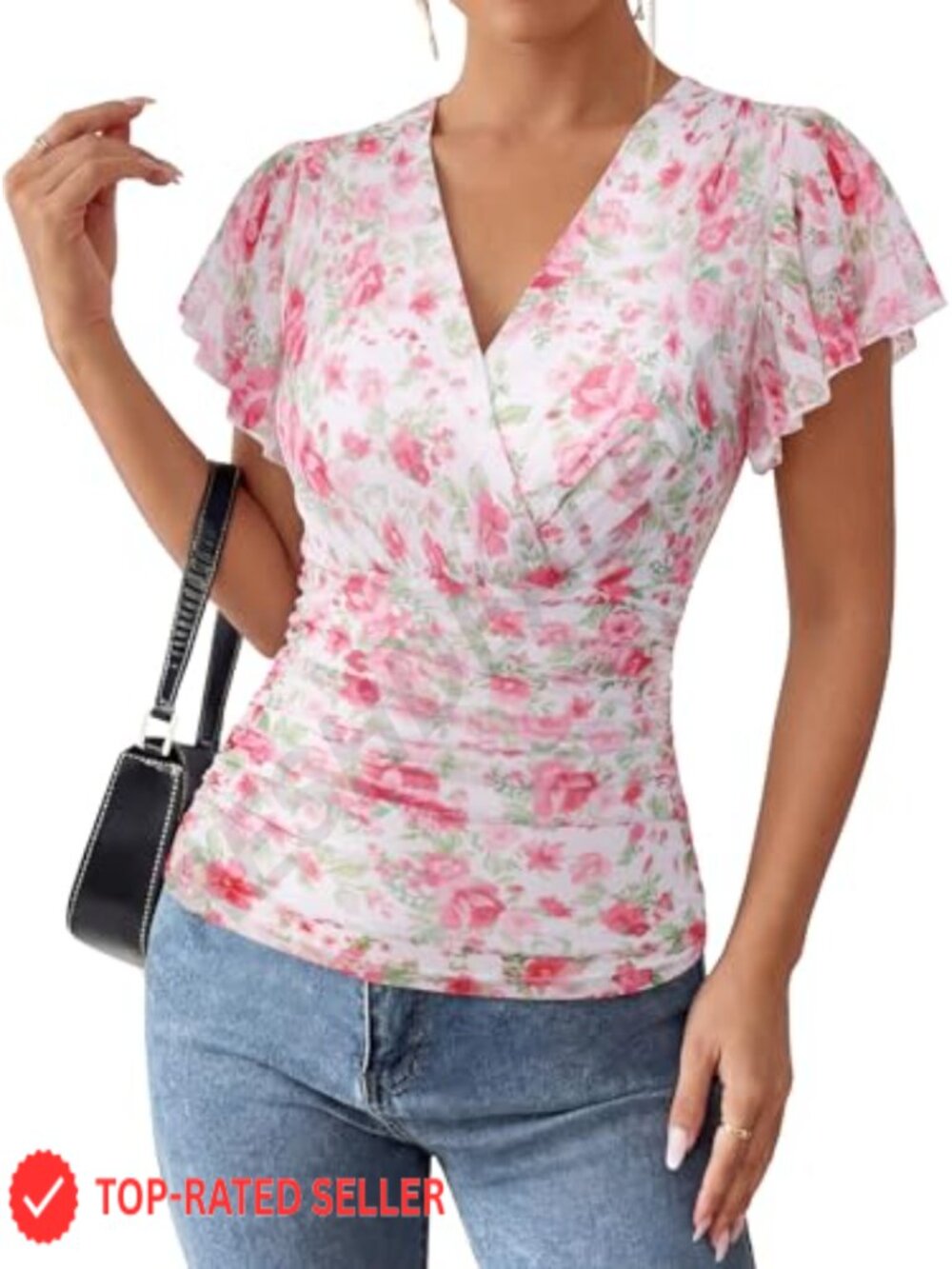Womens Mesh Blouse Ruched Waist Wrap V-Neck Ruffle Sleeve Boho Top